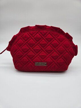 Vera Bradley Red Quilted Cosmetic Bag With Ruffle Trim & Patterned Interior